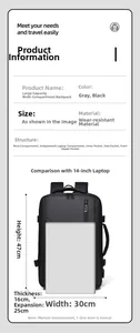 Detailed view of the expandable laptop backpack showing dimensions and 14-inch computer compartment