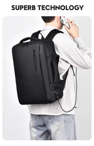 Detail view of large travel backpack with USB charging port and side carry handle