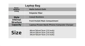 Size guide for oxford cloth laptop bag with 13, 14, and 15 inch dimension details