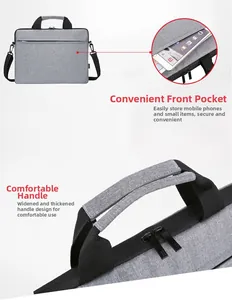 Close-up of slim laptop bag showing functional front pocket and reinforced handle detail