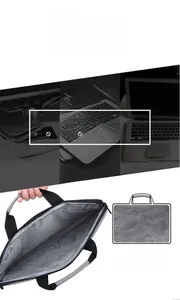 Detailed view of gray laptop sleeve with anti-slip system and plush shockproof lining