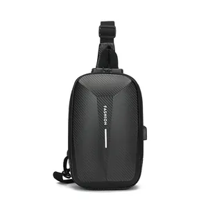 Men Hard Shell Chest Bag Anti-theft Combination Lock USB Charging Sling Bag Carbon Fiber Texture Waterproof Shoulder Bag