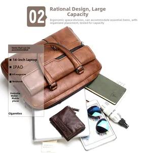 Brown litchi grain leather briefcase showing 14 inch laptop capacity and interior storage