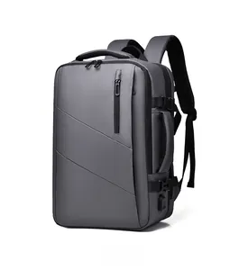 Detail view of large travel backpack with integrated USB port and water resistant fabric