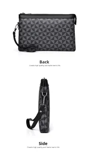 Vue détaillée du dos et du côté d'une pochette pour homme à motif damier