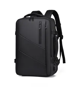 Detail view of water-resistant business backpack with side handle and USB charging port