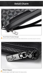 Détail de la poche avant cachée et de la fermeture éclair en métal de cette pochette pour homme