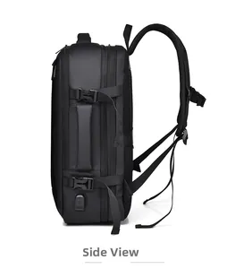 Side view of travel backpack with USB port, durable handle and adjustable straps