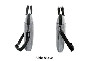 Slim grey laptop shoulder bag side view showing thin profile and durable nylon handles