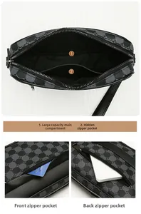 Detalle del neceser con diseño de cuadros y varios compartimentos con cremallera