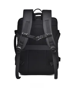 Ergonomic breathable back panel and luggage strap on black travel business backpack