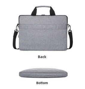 Detailed back and bottom view of grey laptop sleeve with reinforced handles and strap