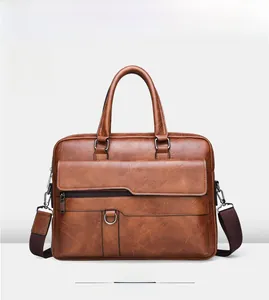 Front view of khaki business briefcase with lychee texture and adjustable shoulder strap
