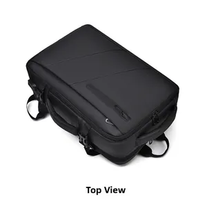 Top view detail of expandable black business travel backpack with reinforced handle