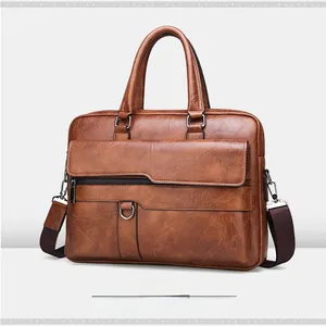 Side view of khaki business briefcase with adjustable shoulder strap and metal hardware