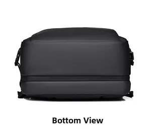 Detailed bottom view of expandable travel backpack with breathable mesh and zipper closure