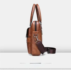 Side view of khaki business briefcase showing leather texture and adjustable shoulder strap