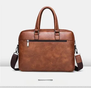 Rear view of khaki business briefcase showing back zipper pocket and synthetic leather texture