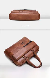 Macro detail of khaki textured leather business briefcase showing base and side views