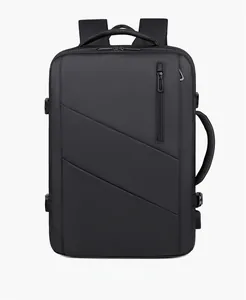 Vue de face sac à dos business noir extensible avec texture imperméable et port USB