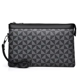 Zakelijke herenclutch met zwart-grijs geometrisch patroon en een handige handriem