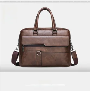 Front view of a brown business briefcase featuring high-quality leather and stitching