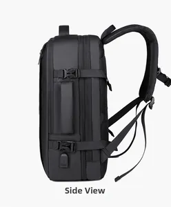Vue latérale du sac à dos d'affaires étanche avec port USB et bretelles respirantes