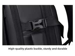 Macro shot of durable black plastic buckle and sturdy nylon webbing on travel backpack