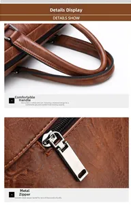 Detail of reinforced brown leather handles and durable silver zipper on briefcase
