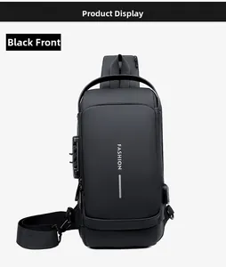 Vue détaillée de la serrure à code antivol et du port de charge USB sur un sac de poitrine