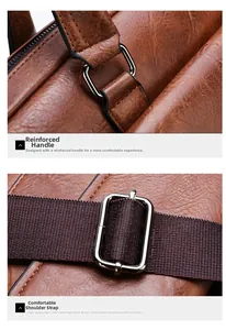 Detail of reinforced leather handle and adjustable fabric shoulder strap for men briefcase