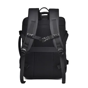 Black travel backpack with breathable mesh back padding and luggage strap