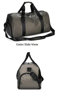 Vue latérale du sac de sport gris avec compartiment à chaussures et bandoulière rembourrée