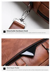 Detail of detachable rustproof metal hook and rear zip pocket for iPad on leather briefcase