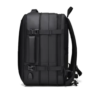 Black expandable business travel backpack with USB port and breathable mesh padding