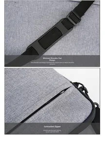 Detail of padded shoulder strap and hidden anti-theft zipper on gray laptop bag