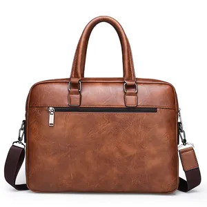 Classic brown business briefcase with leather texture, dual handles and shoulder strap