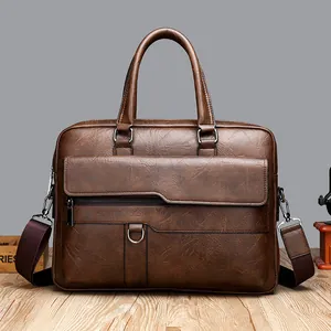 Retro brown business briefcase for men with adjustable strap and textured finish