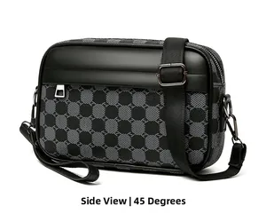 Vista lateral de 45 grados de bolso bandolera para hombre con patrón geométrico gris