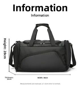 Detailed view of black travel bag with dimensions 48cm width, 28cm height and 26cm depth