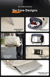 Detail of beige travel backpack showing anti-scratch fabric and separate shoe compartment