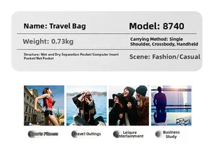 Detail view of large travel bag features showing 0.73kg weight and dry-wet separation pocket