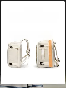 Detail showing the expandable design of travel backpack increasing capacity from 28L to 38L