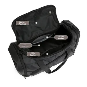Macro view of travel duffel bag interior showing mesh pocket and zipper compartments