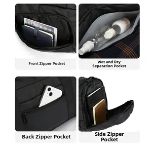 Detail view of large travel bag showing wet-dry separation and waterproof multi-pockets