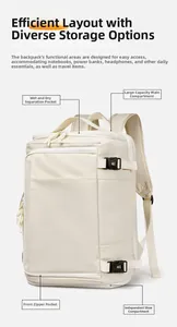 Detail view of large capacity travel backpack with wet dry separation and shoe compartment
