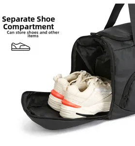Detail of travel bag showing a dedicated side-access shoe compartment for storage