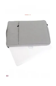 Gray fabric laptop sleeve with multi-compartment storage for chargers and tablets
