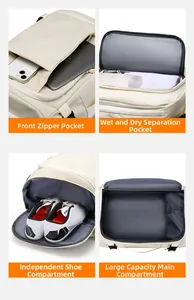 Detail view of backpack featuring front pocket, dry-wet bag, shoe compartment and main space