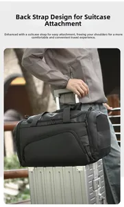 Detail of travel bag with convenient luggage trolley sleeve for secure suitcase attachment